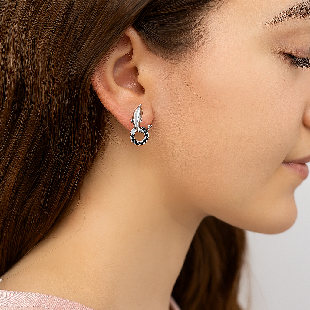Black Spinel Dolphin Stud Earrings - Sterling Silver