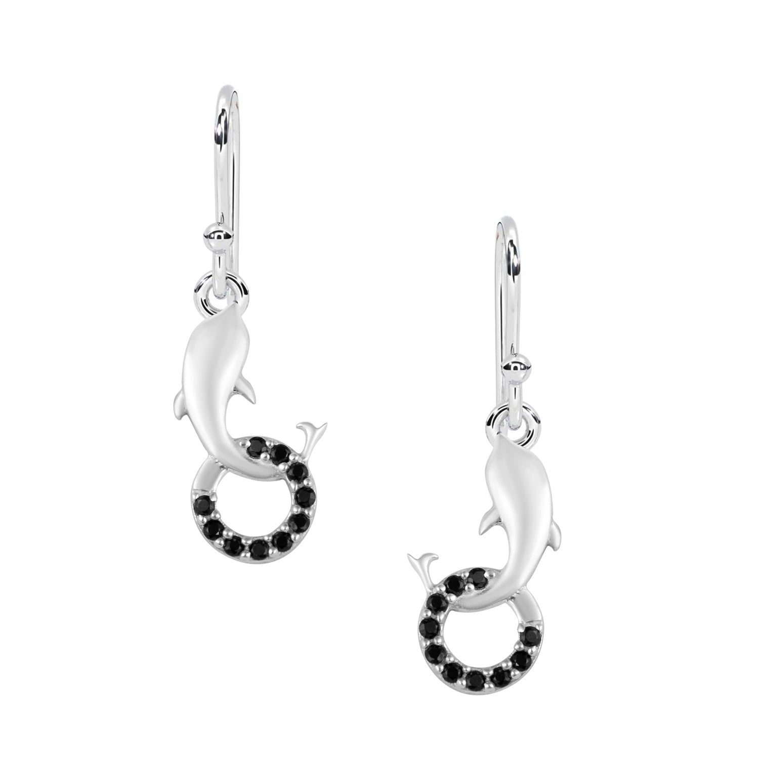 Dolphin & Circle Black Spinel Drop Earrings - Sterling Silver