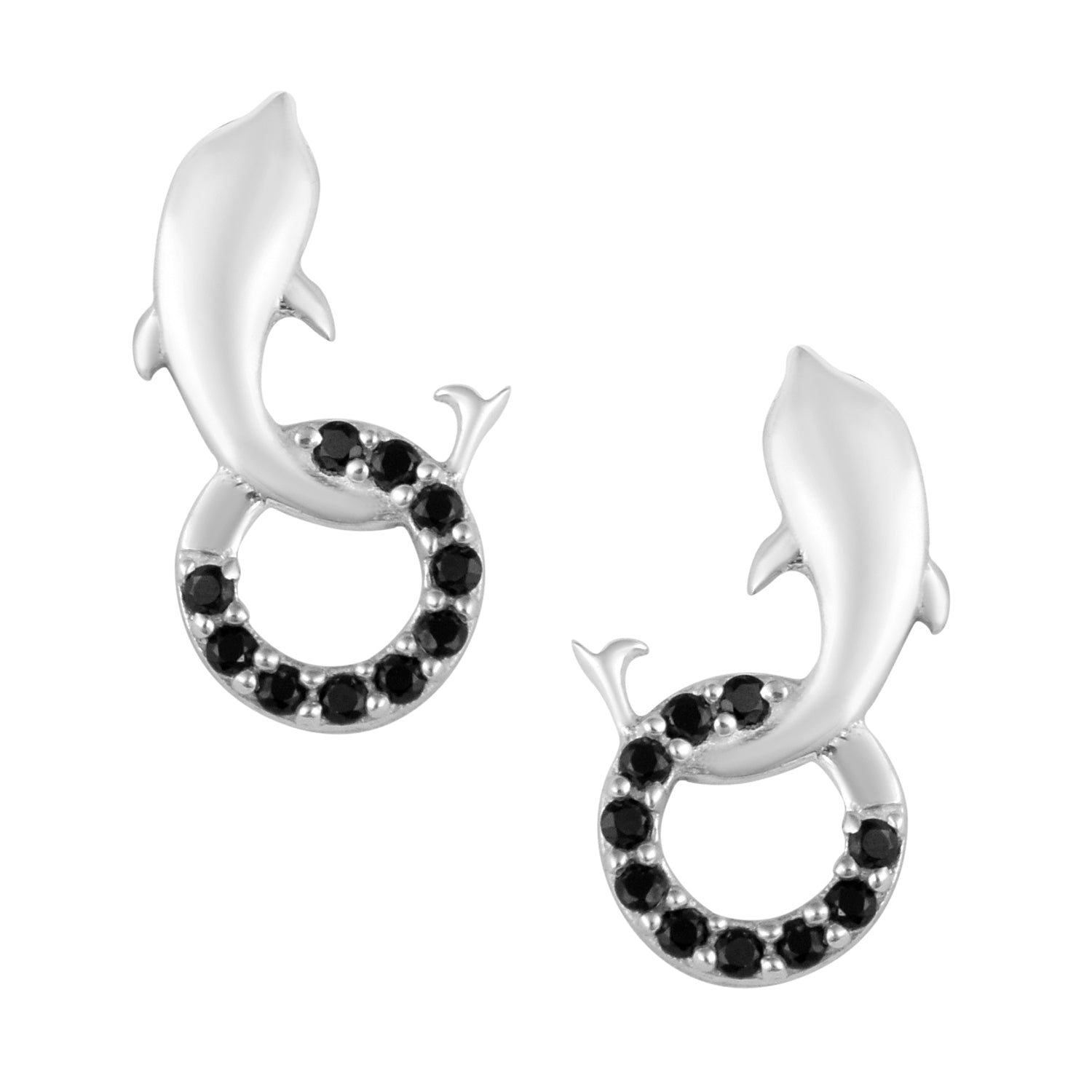 Black Spinel Dolphin Stud Earrings - Sterling Silver