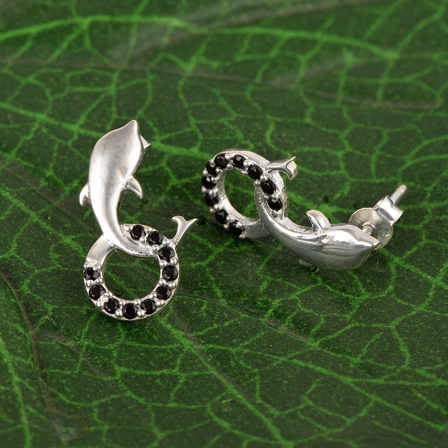 Black Spinel Dolphin Stud Earrings - Sterling Silver