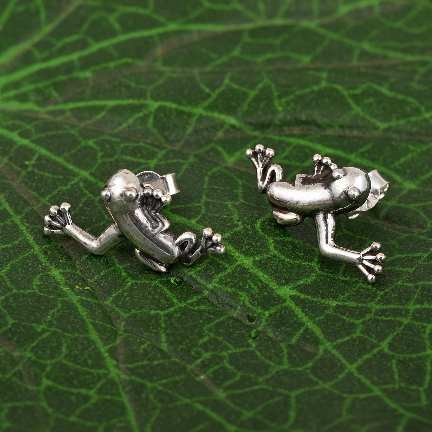 Frog Amphibian Design Stud Earrings - Sterling Silver