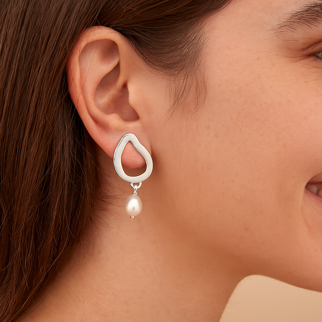 Pearl Abstract Hoop Dangle Earrings - Sterling Silver