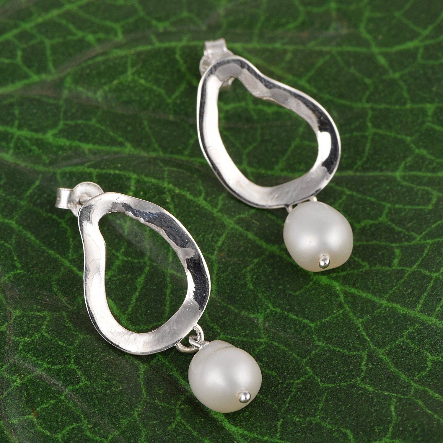 Pearl Abstract Hoop Dangle Earrings - Sterling Silver