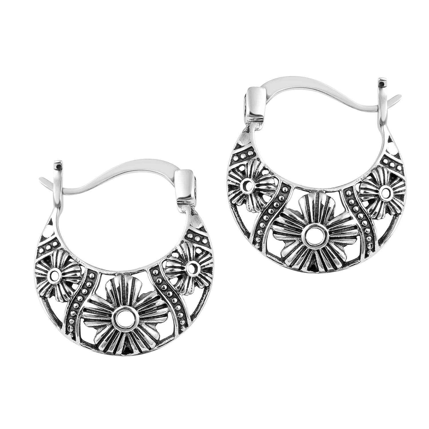 Floral Hoop Tribal Design Earrings - Sterling Silver