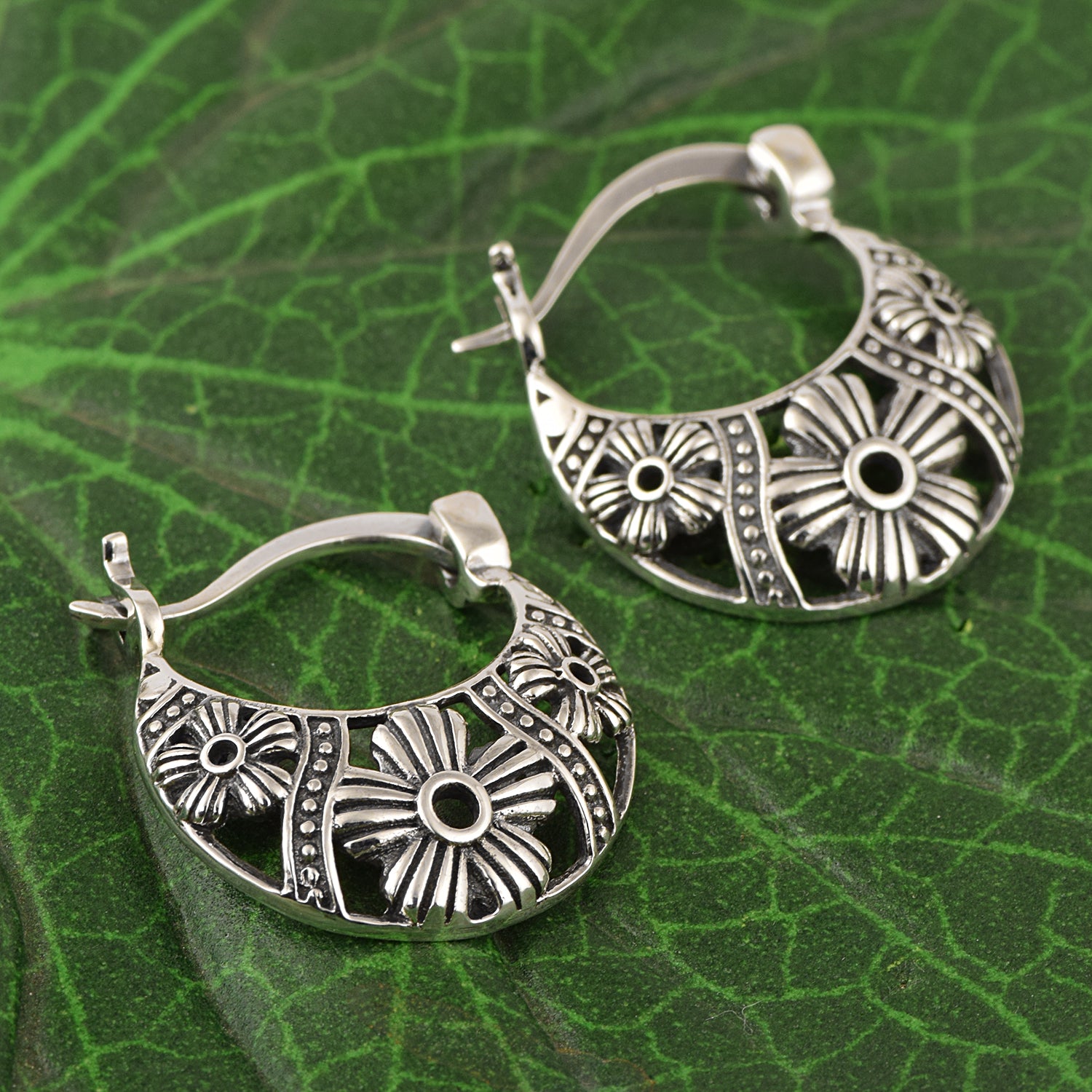 Floral Hoop Tribal Design Earrings - Sterling Silver