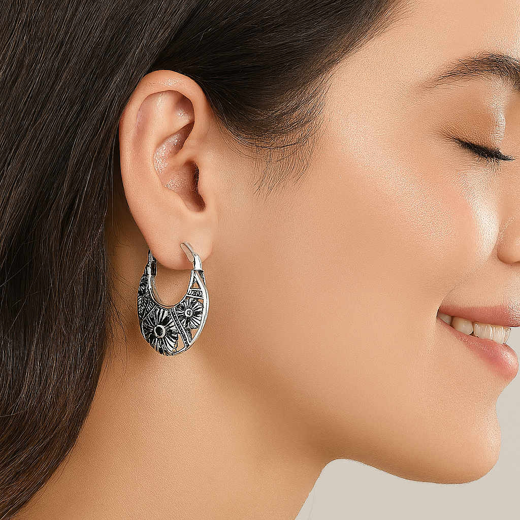 Floral Hoop Tribal Design Earrings - Sterling Silver