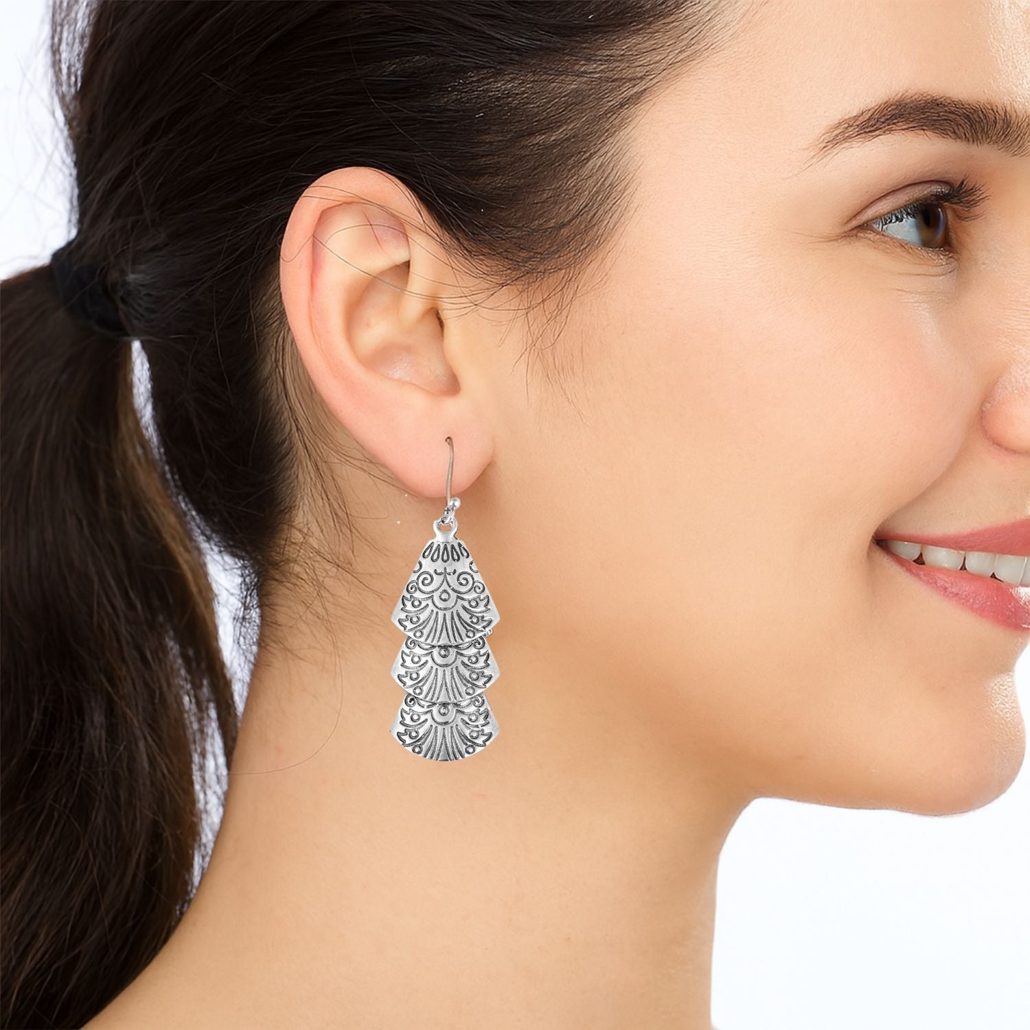 Layered Fan Dangle Earrings - Sterling Silver