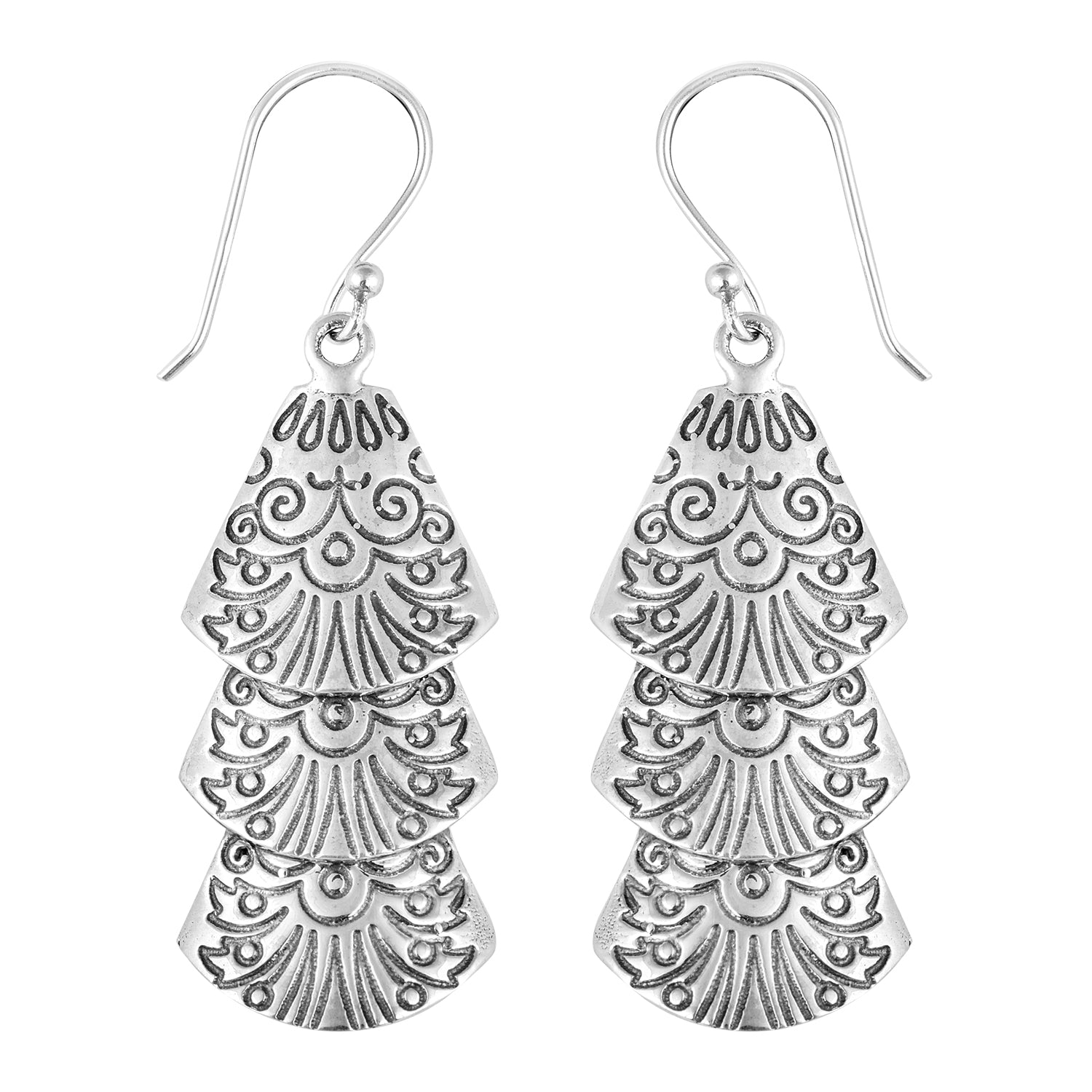 Layered Fan Dangle Earrings - Sterling Silver