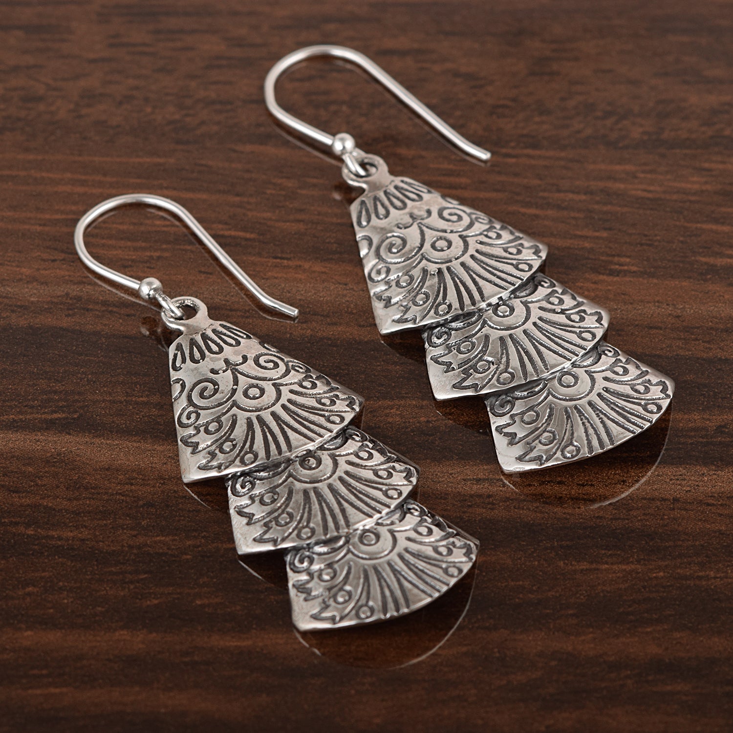 Layered Fan Dangle Earrings - Sterling Silver