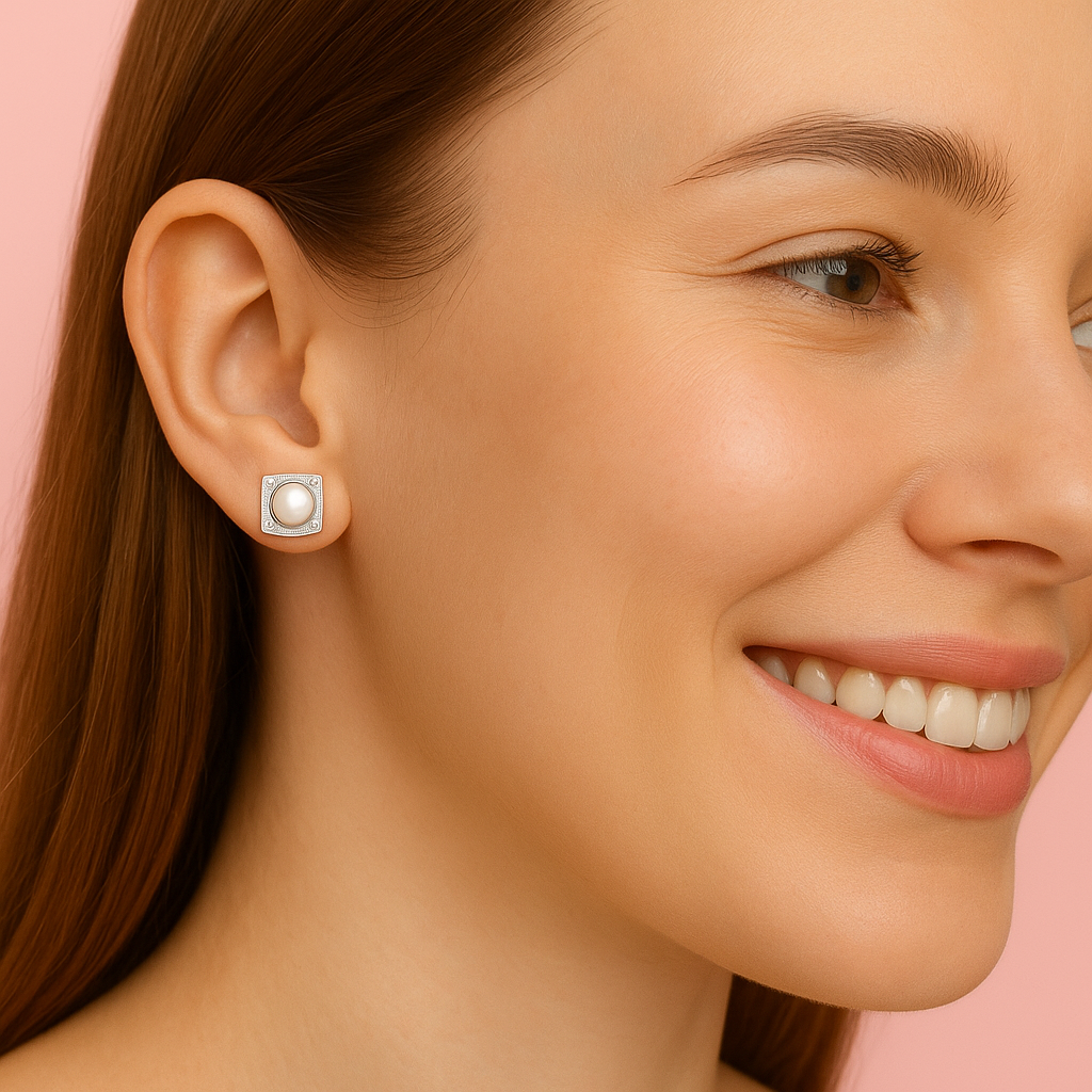 Pearl Square Shape Stud - Sterling Silver