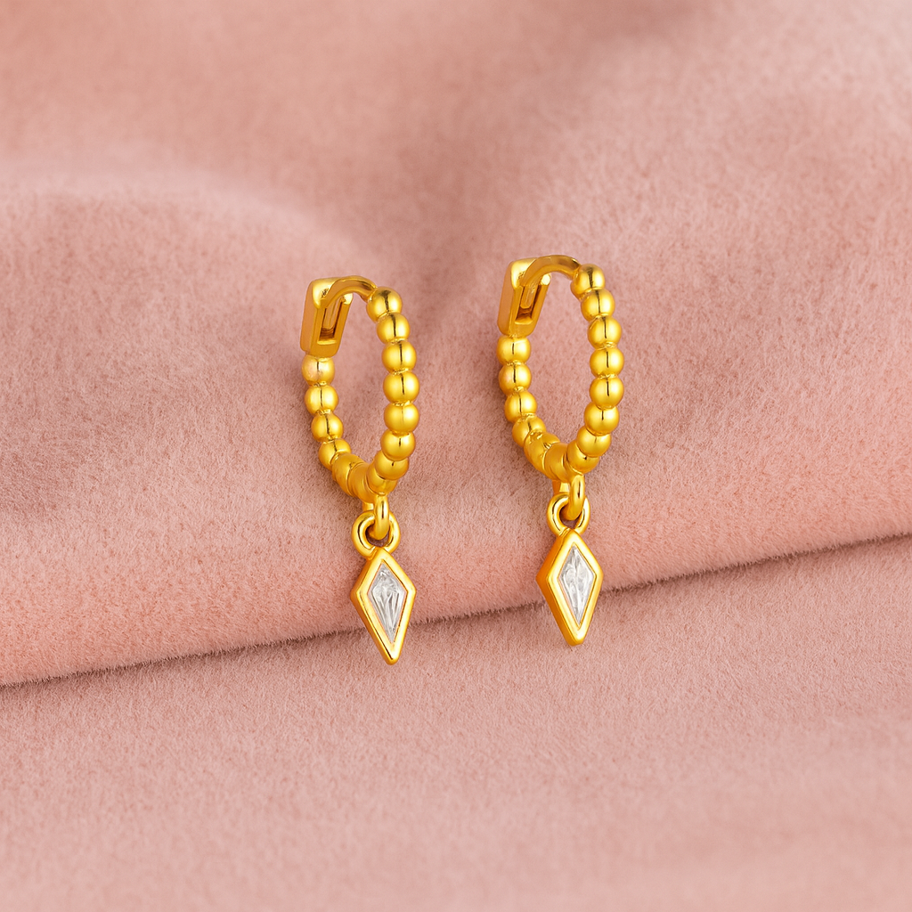 Beaded Geometric Dangle Hoop Earrings – Sterling Silver Gold Plated
