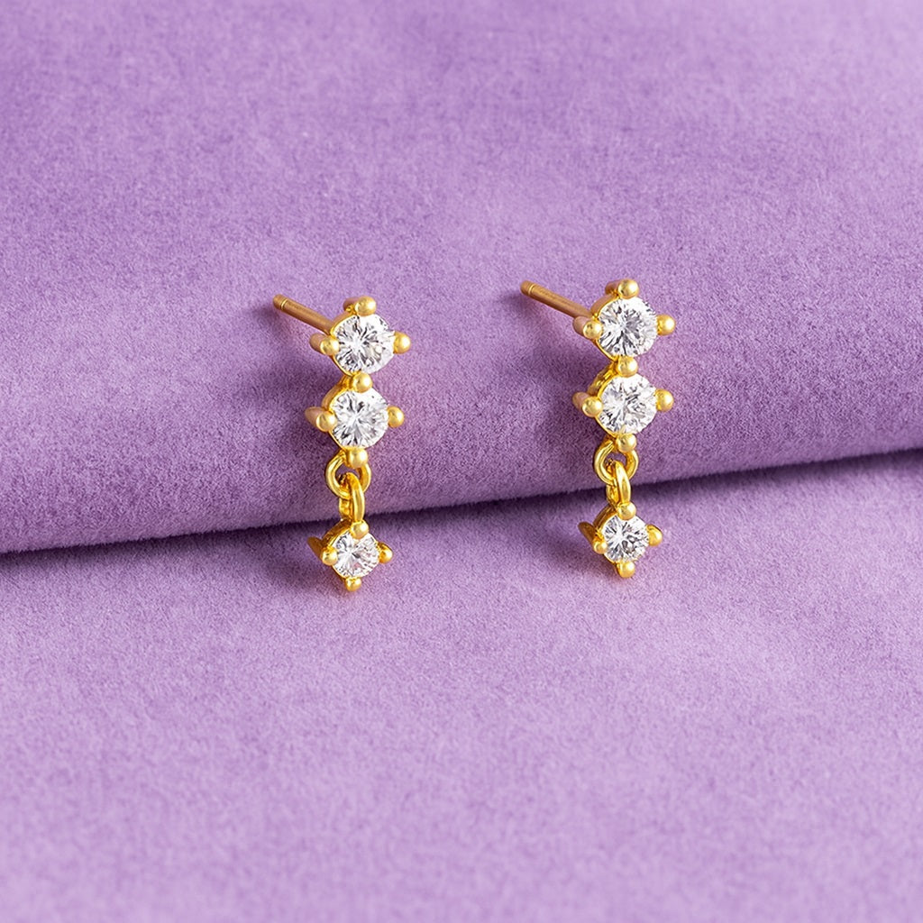 Triple Stone Minimal Drop Earrings – Sterling Silver Gold Plated