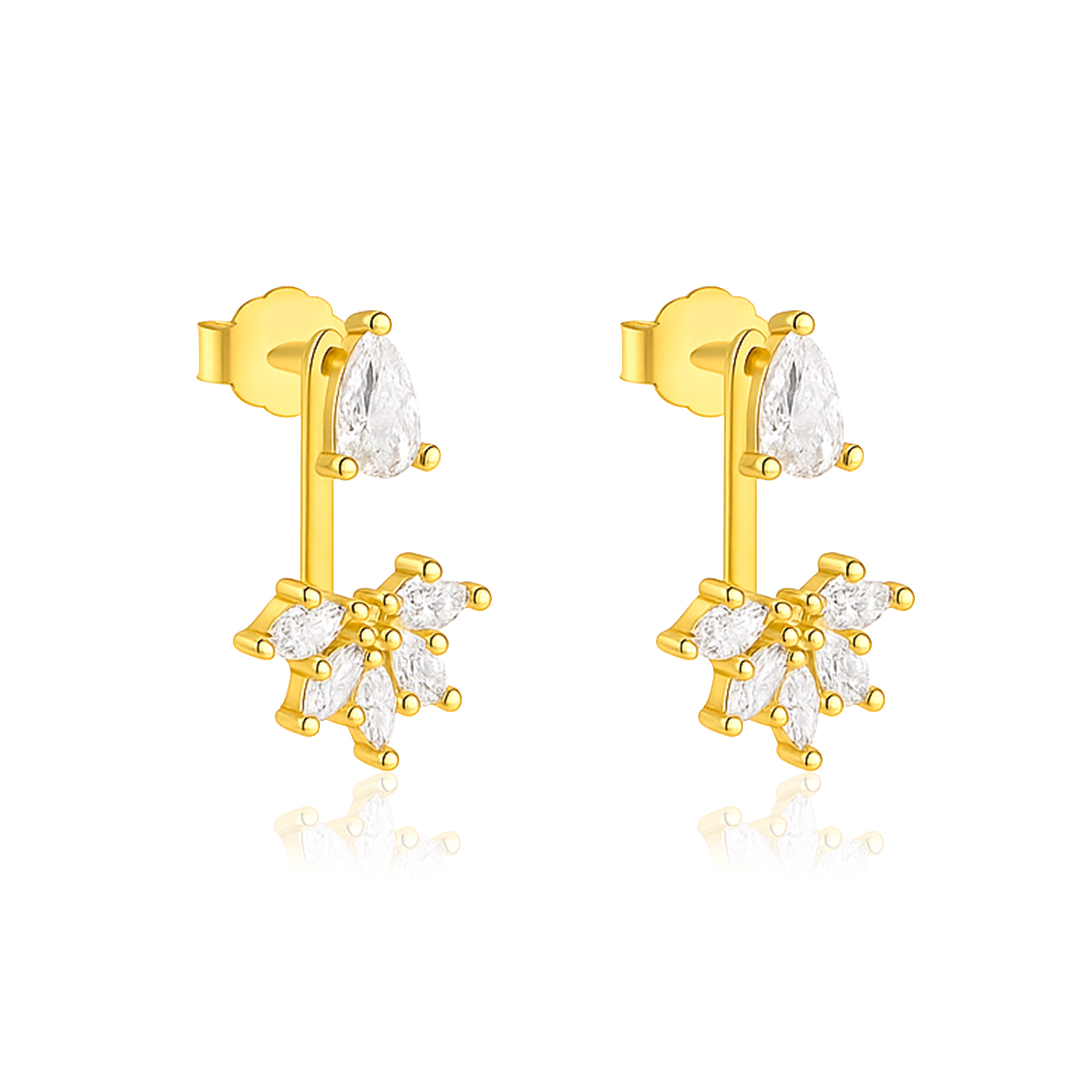 Pear and Marquise Floral Drop Earrings - Sterling Silver Yellow Plated