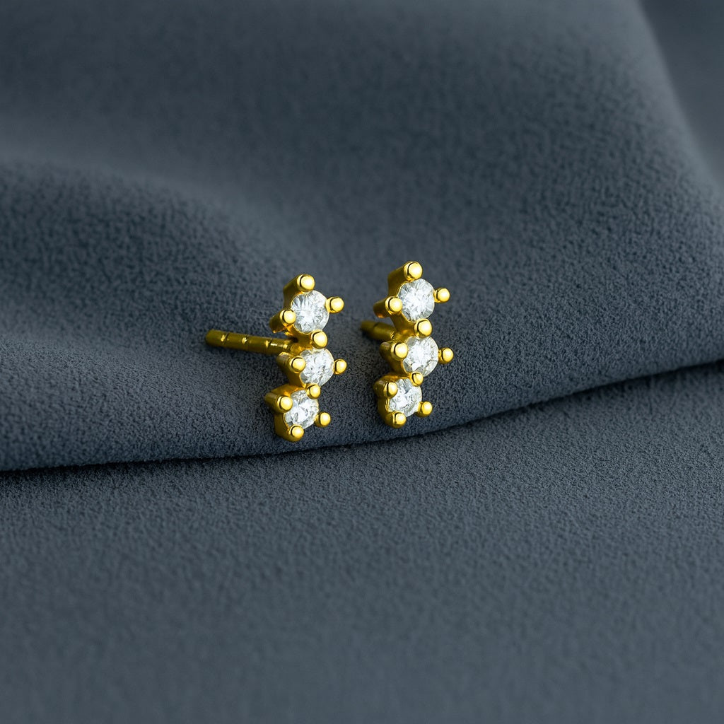 Minimal Vertical Triple Stud Earrings - Sterling Silver Yellow Plated