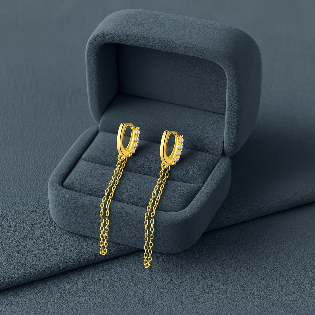 Dual Dangle Pearl Chain Huggie Hoop Earrings - Sterling Silver Yellow Plated