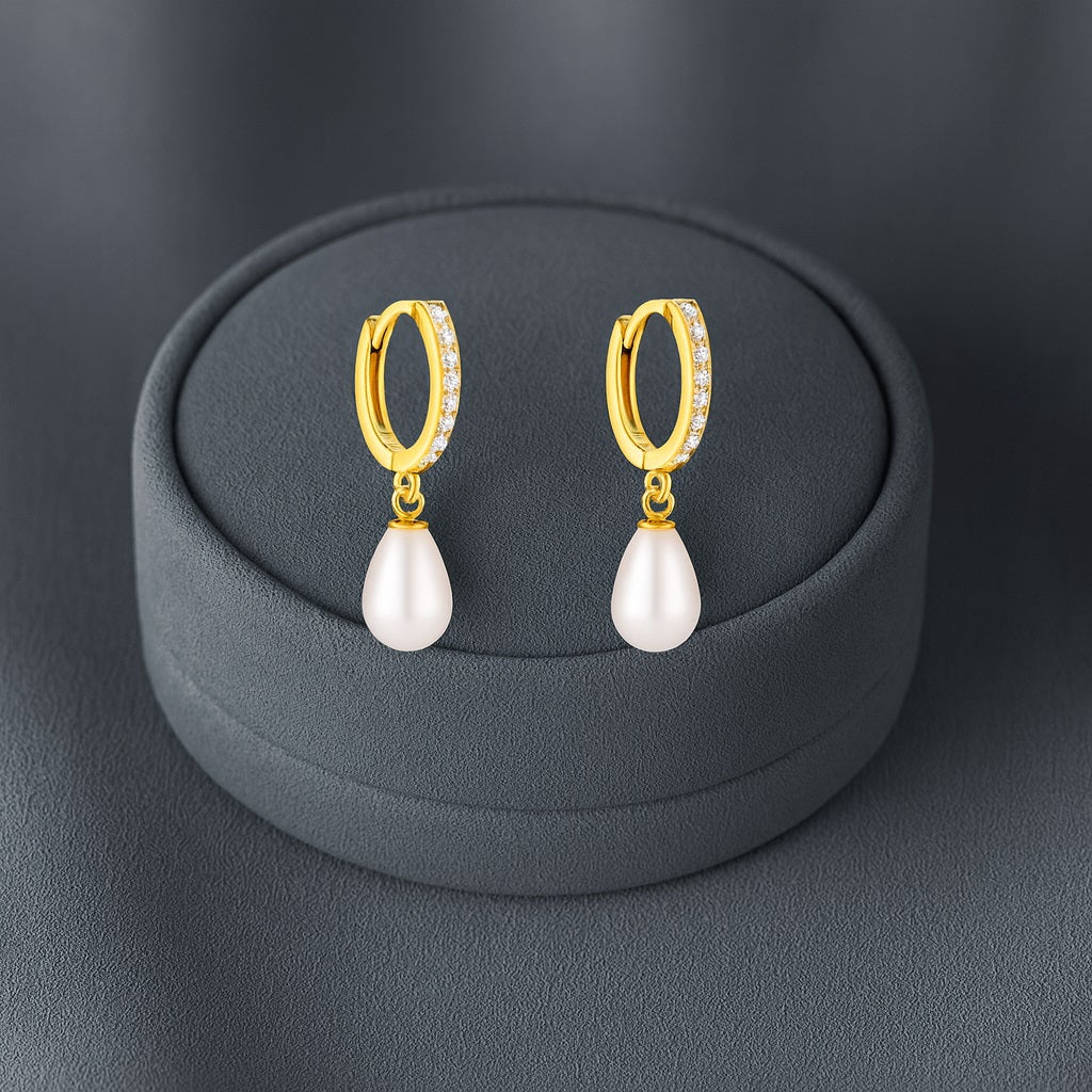 Pearl Drop Huggie Hoop Earrings - Sterling Silver Yellow Plated