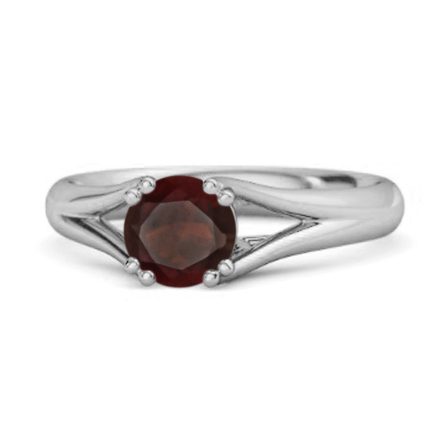 Garnet Ring Split Shank Solitaire Ring - Sterling Silver
