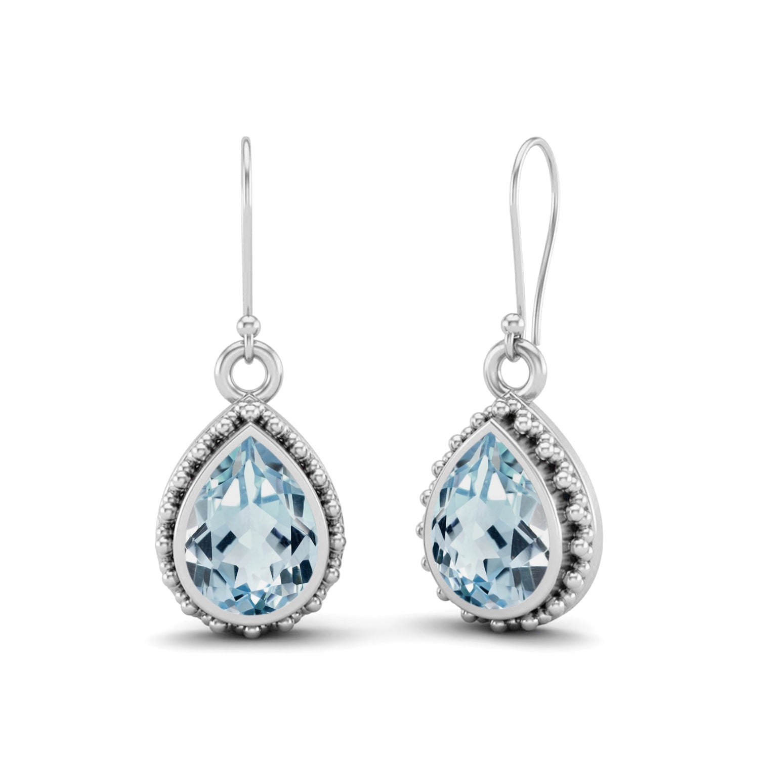Aquamarine Beaded Halo Teardrop Dangle Earrings – Sterling Silver