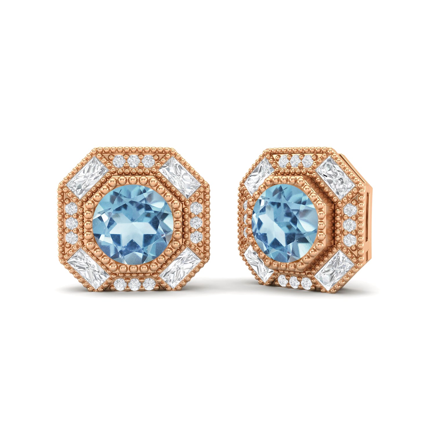 Aquamarine Art Deco Halo Design Stud Earrings – Sterling Silver