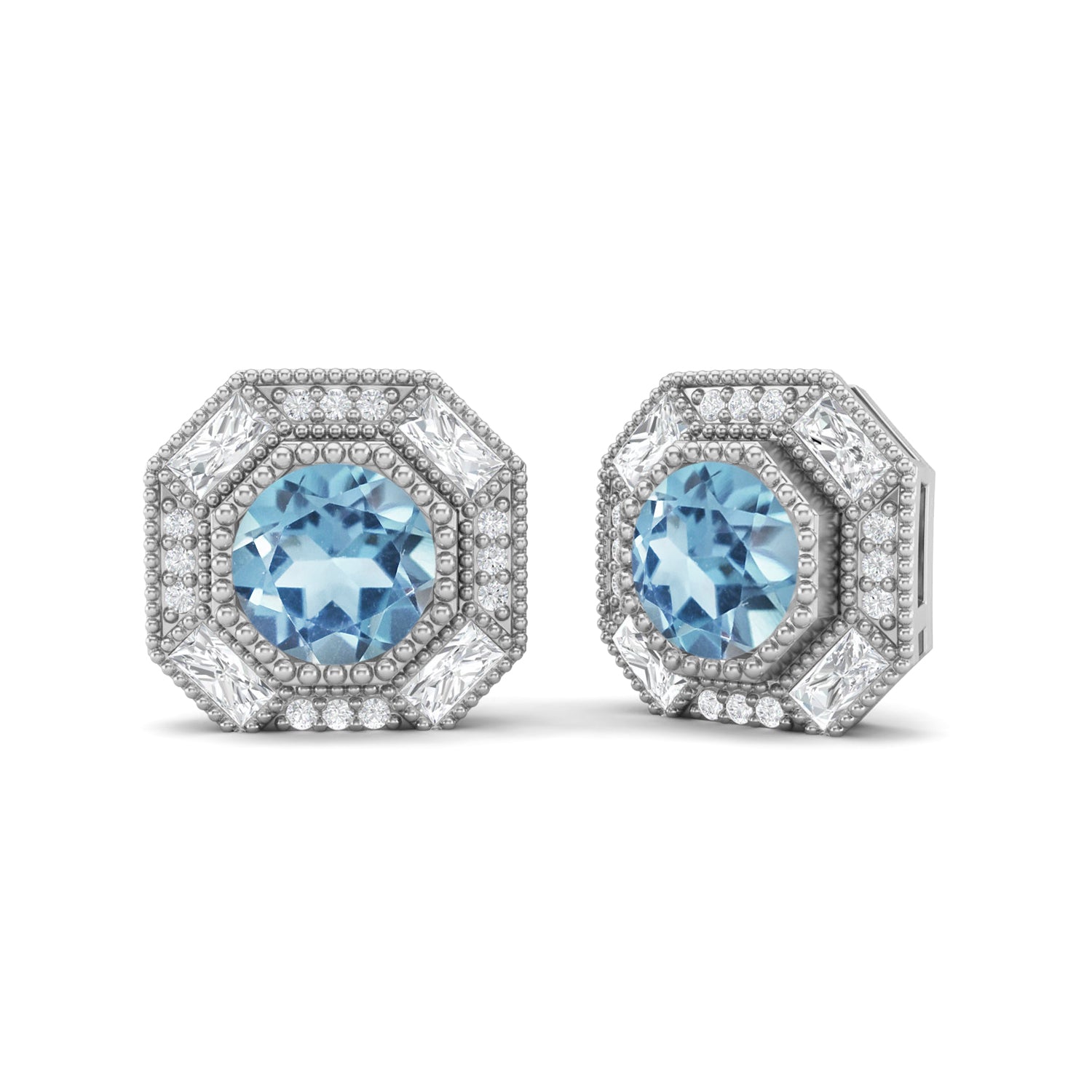 Aquamarine Art Deco Halo Design Stud Earrings – Sterling Silver