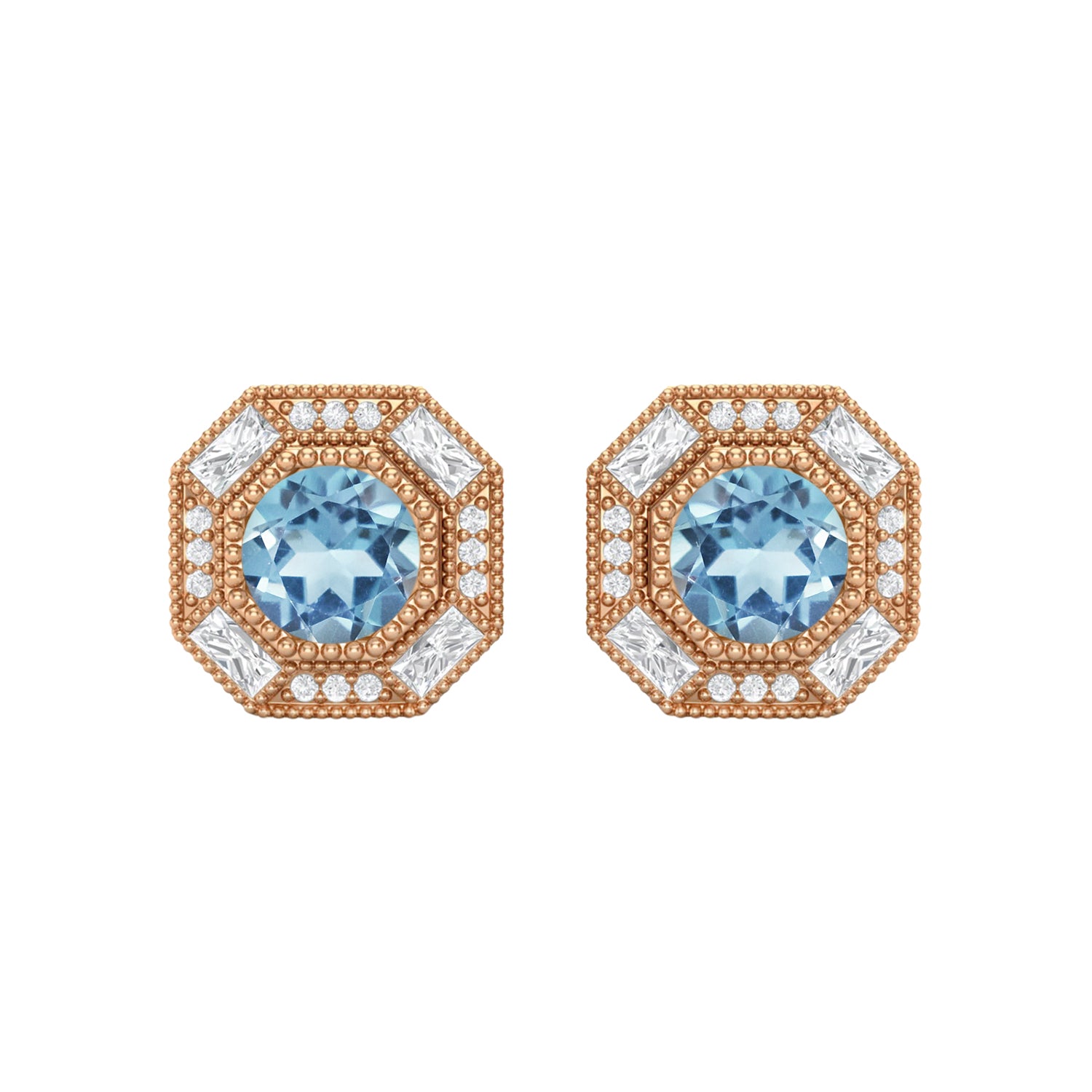 Aquamarine Art Deco Halo Design Stud Earrings – Sterling Silver