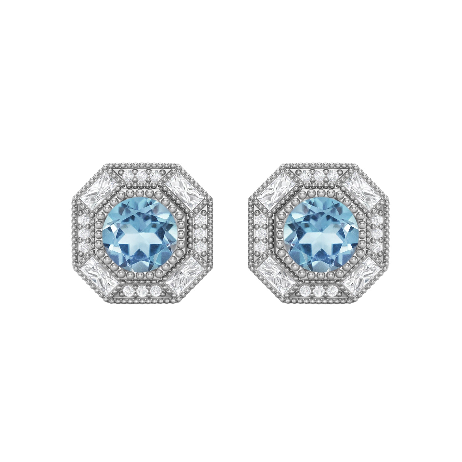 Aquamarine Art Deco Halo Design Stud Earrings – Sterling Silver