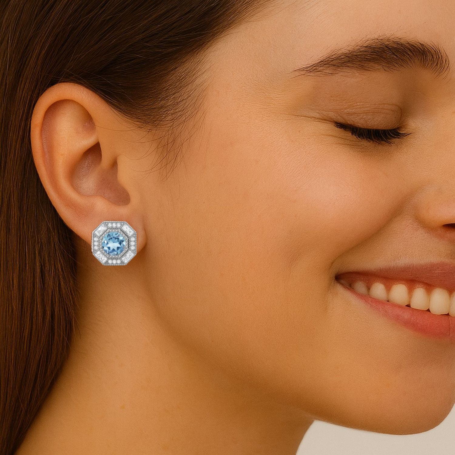 Aquamarine Art Deco Halo Design Stud Earrings – Sterling Silver