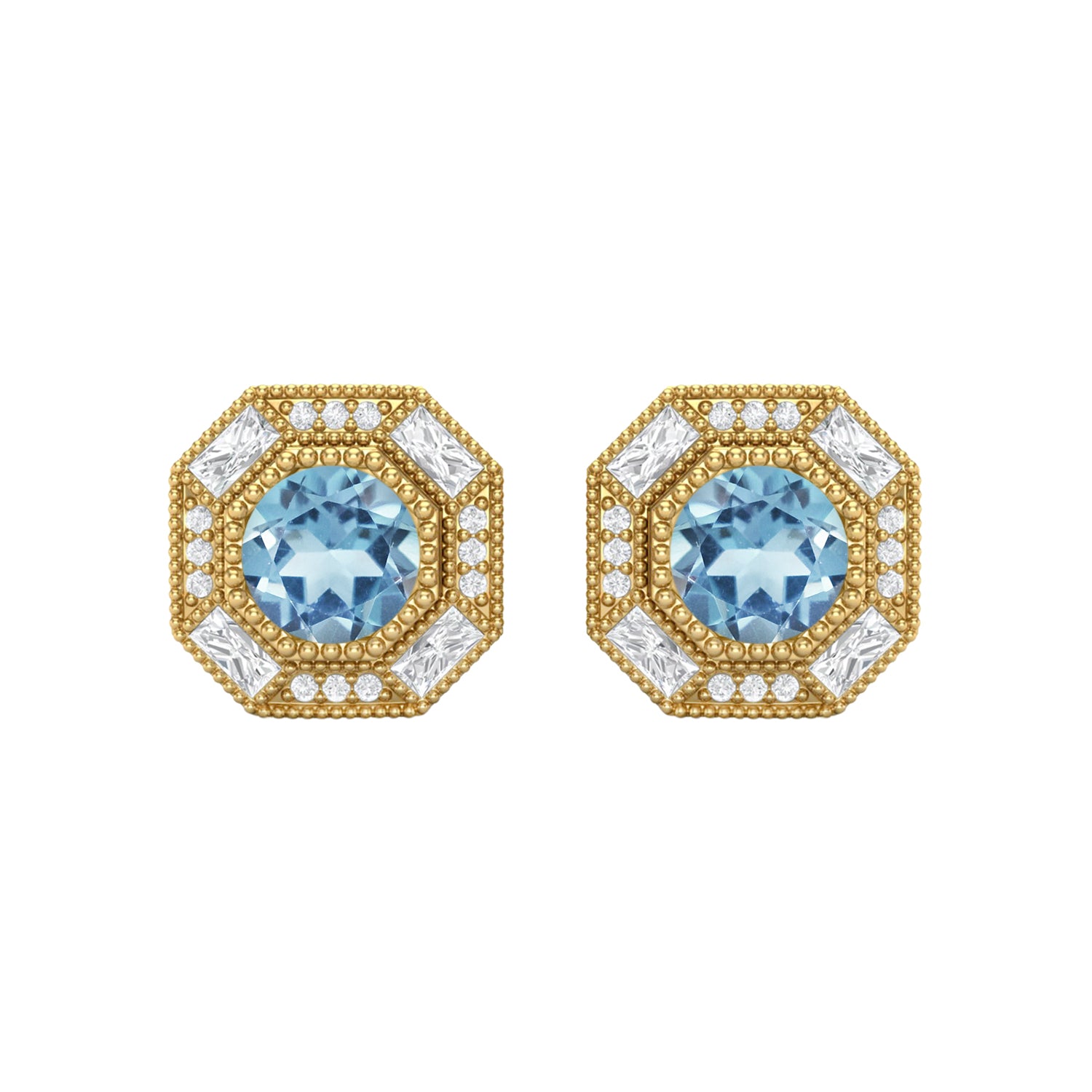 Aquamarine Art Deco Halo Design Stud Earrings – Sterling Silver