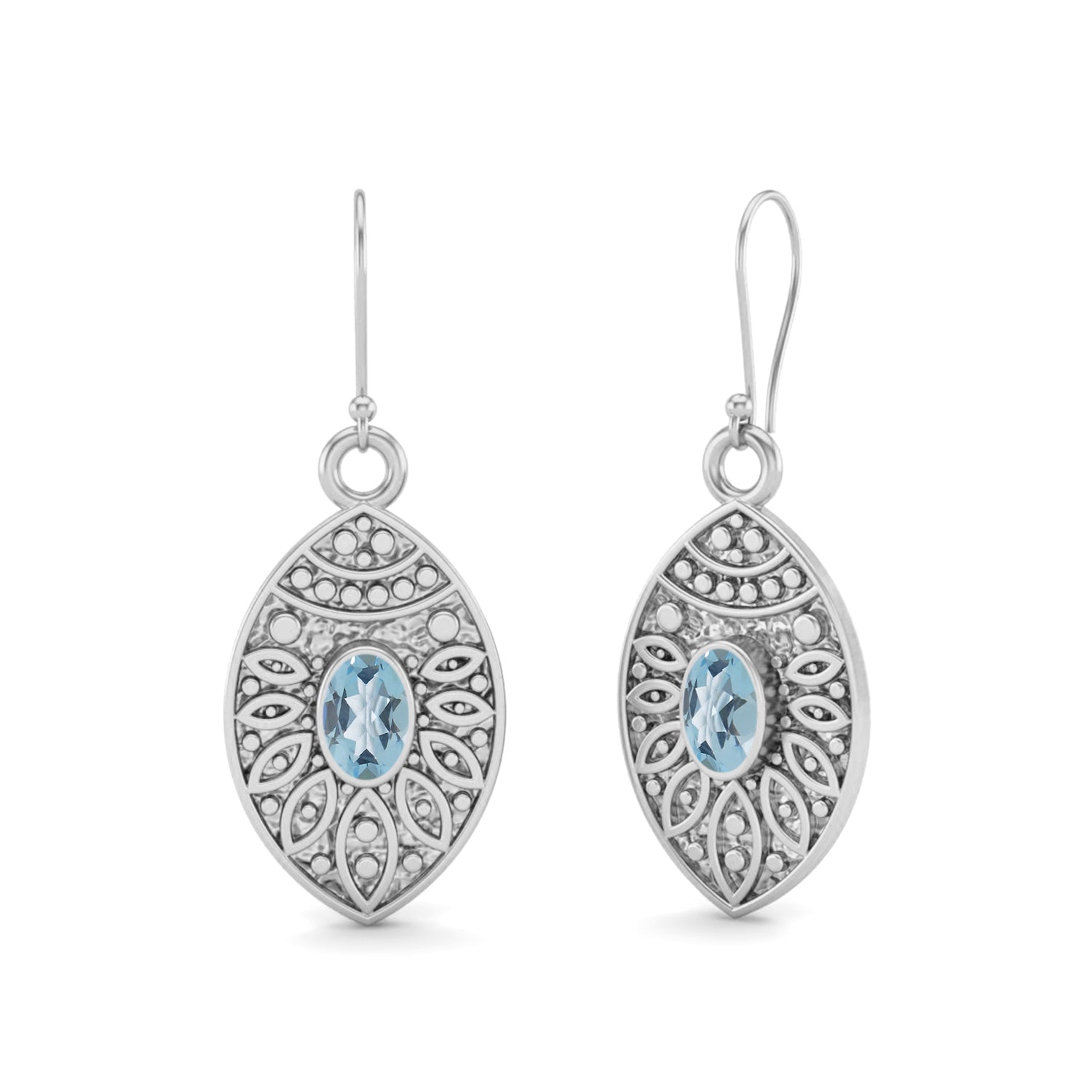 Aquamarine Filigree Dangle Design Earrings – Sterling Silver