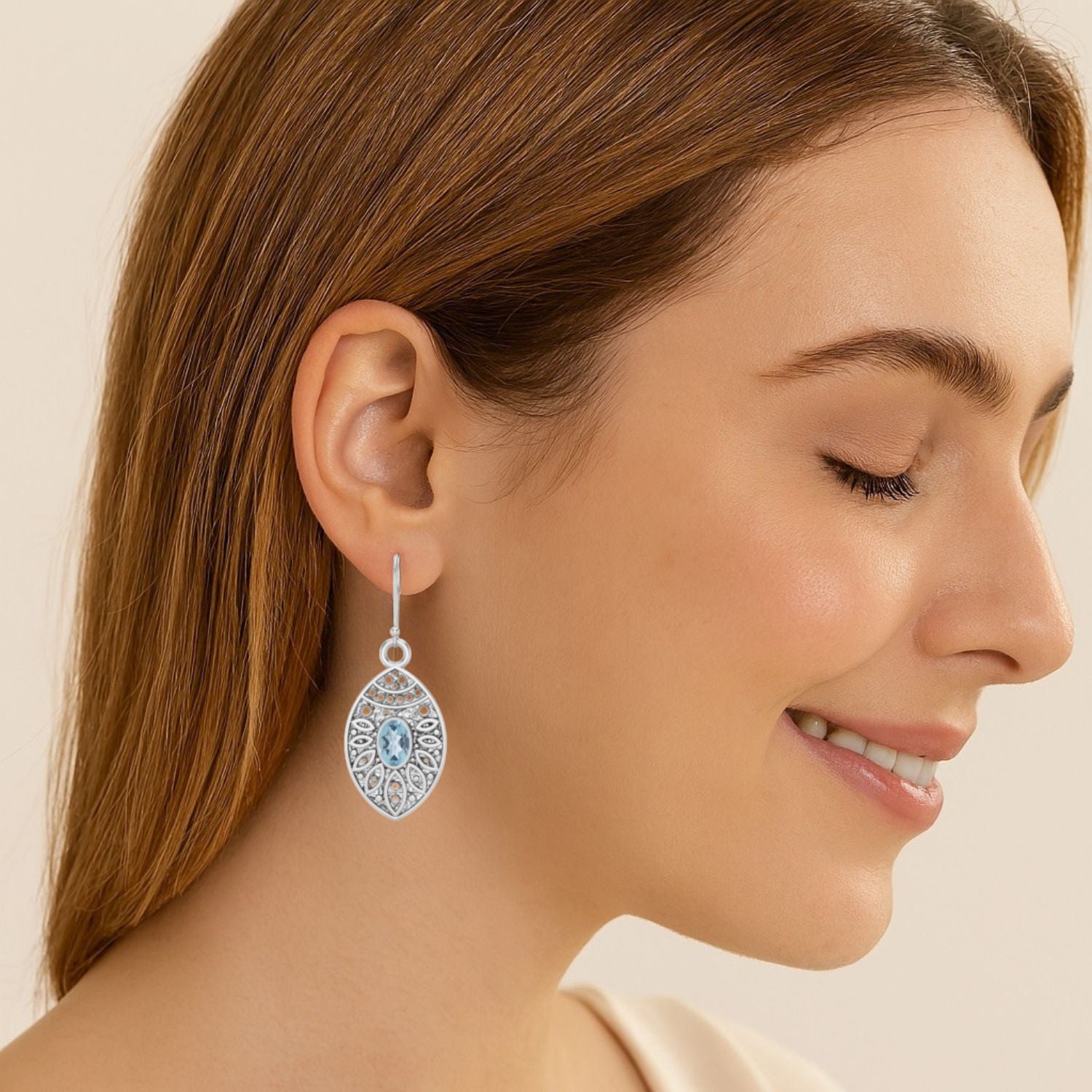 Aquamarine Filigree Dangle Design Earrings – Sterling Silver