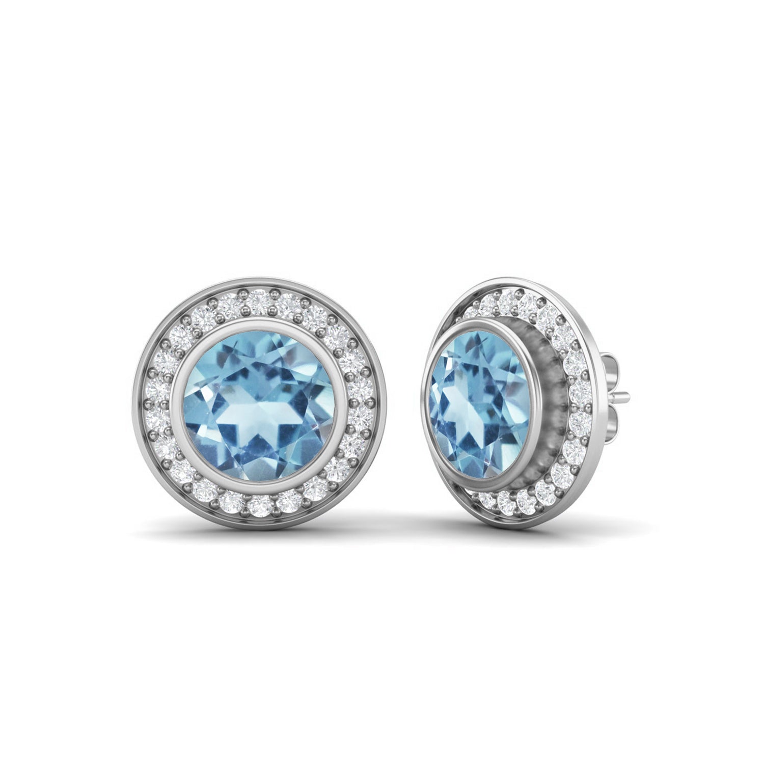 Aquamarine White Topaz Halo Stud Earrings – Sterling Silver
