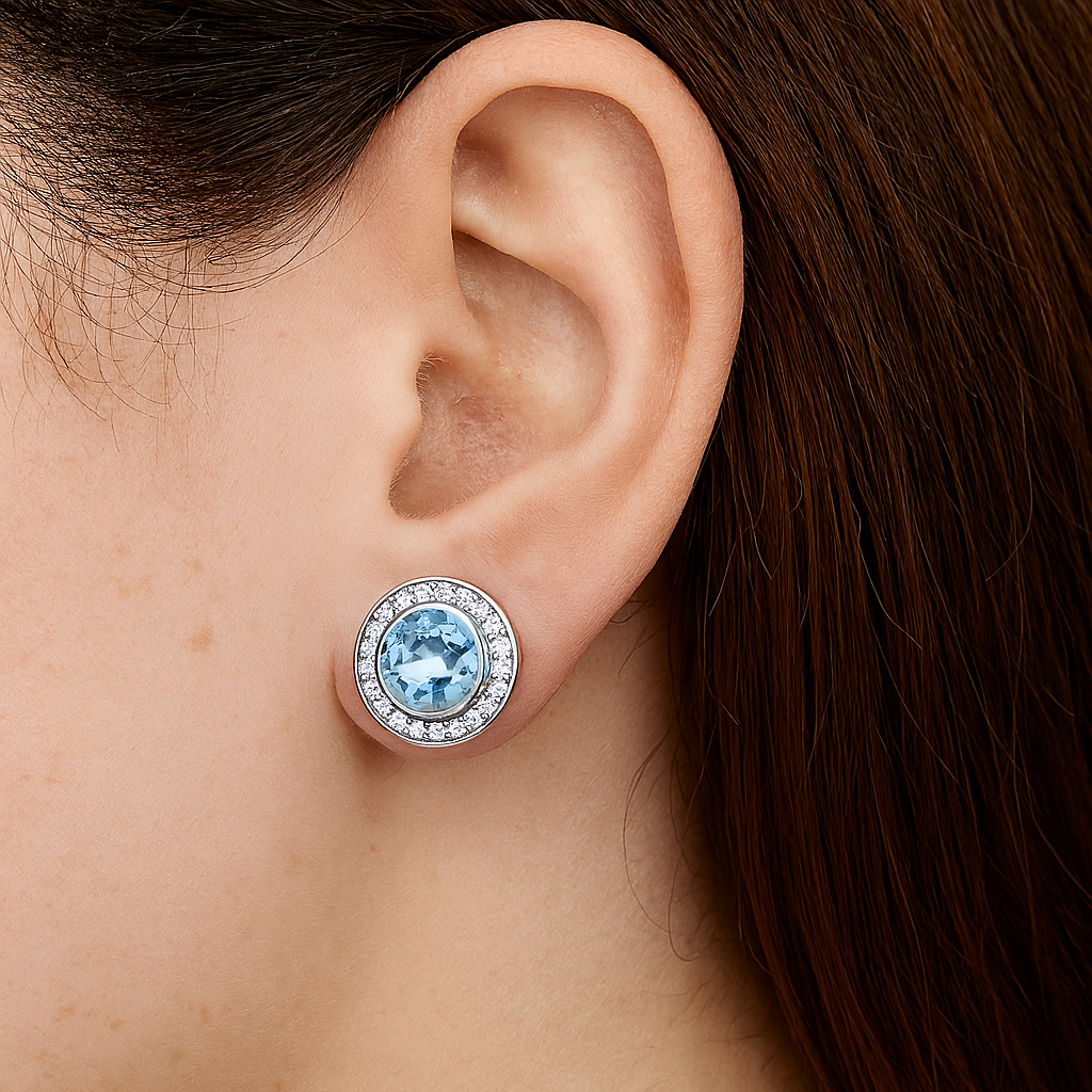 Aquamarine White Topaz Halo Stud Earrings – Sterling Silver