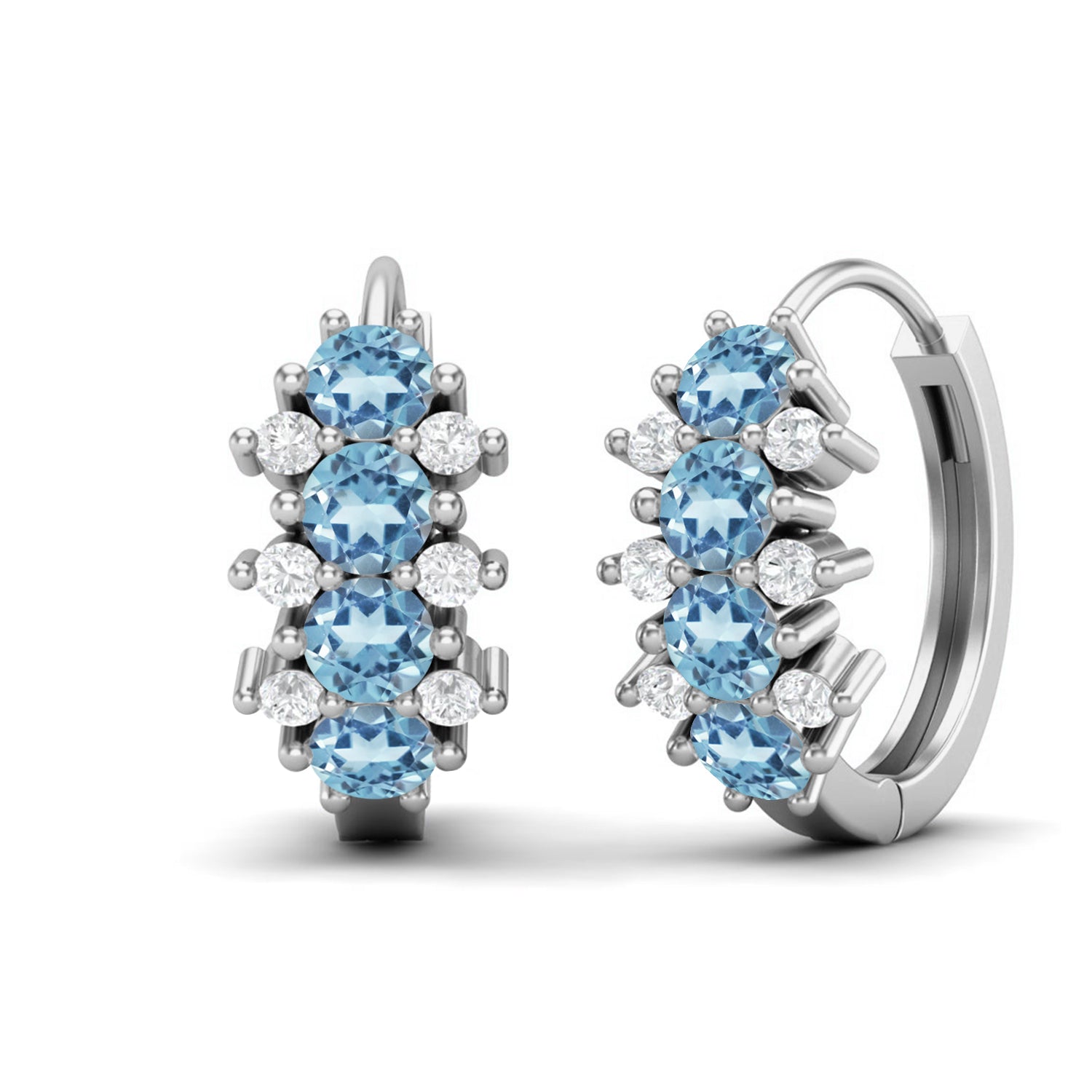 Orecchini a cerchio Huggie a doppia fila con acquamarina – Argento Sterling