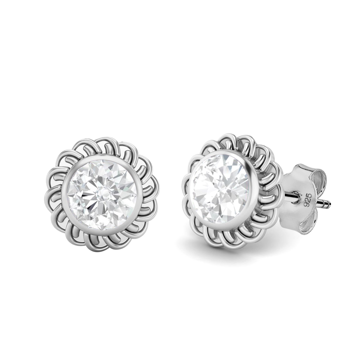 Moissanite Twisted Floral Halo Stud Earrings – Sterling Silver