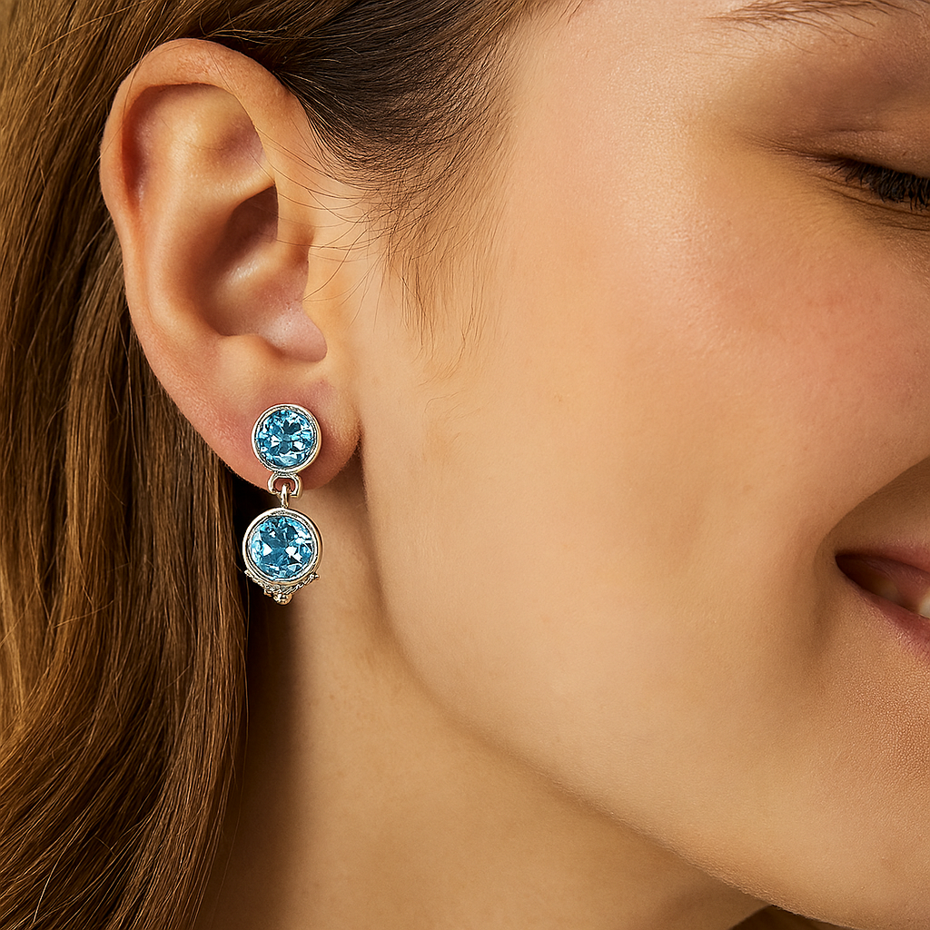 Aquamarine Double Bezel Drop Design Earrings – Sterling Silver