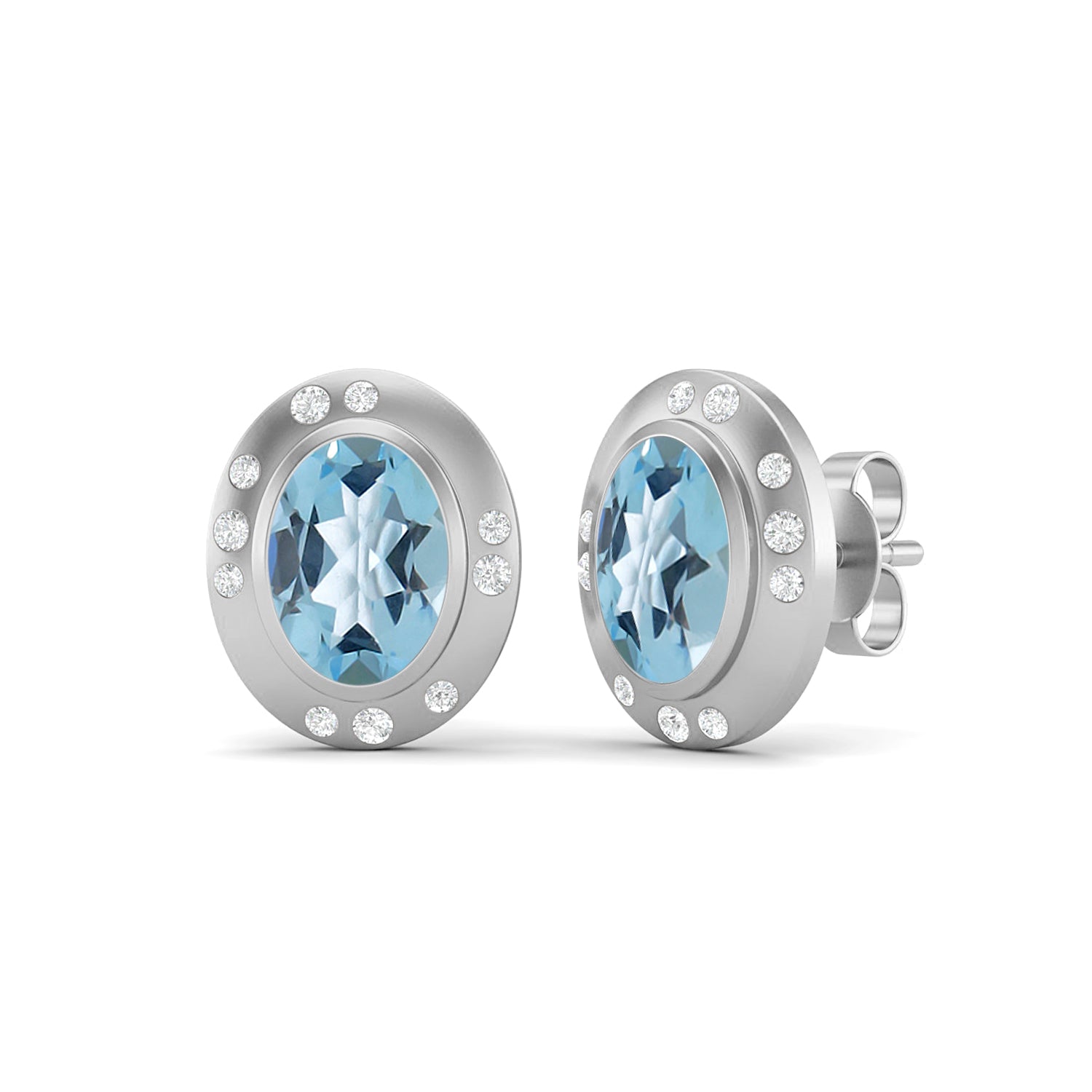 Aquamarine Modern Bezel Halo Studs Earrings – Sterling Silver