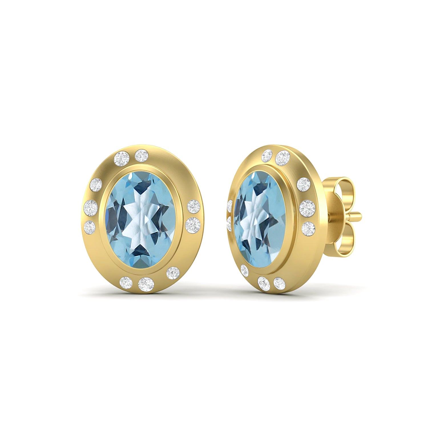Aquamarine Modern Bezel Halo Studs Earrings – Sterling Silver