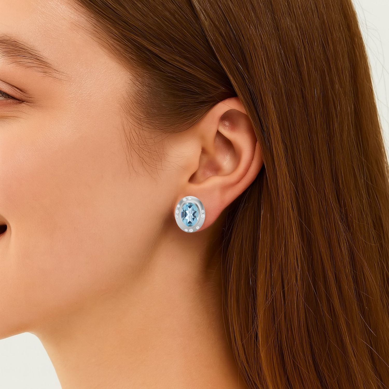 Aquamarine Modern Bezel Halo Studs Earrings – Sterling Silver