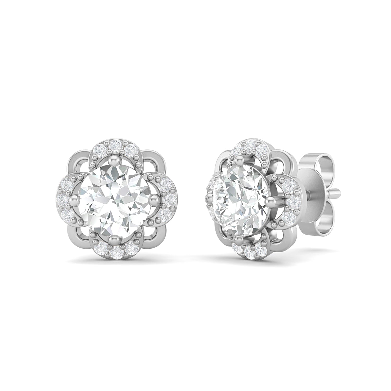 Moissanite Floral Halo Stud Design Earrings – Sterling Silver