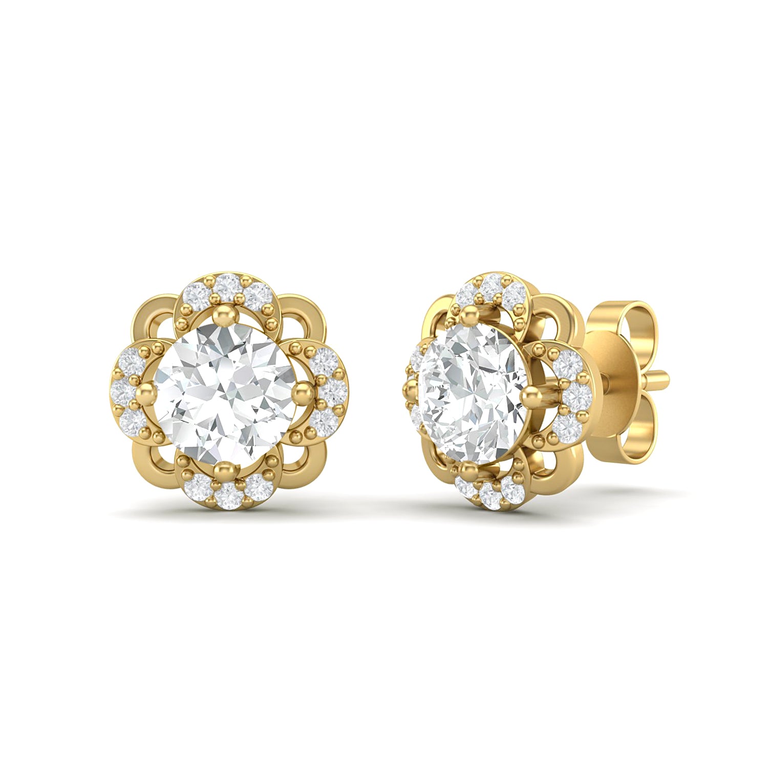 Moissanite Floral Halo Stud Design Earrings – Sterling Silver