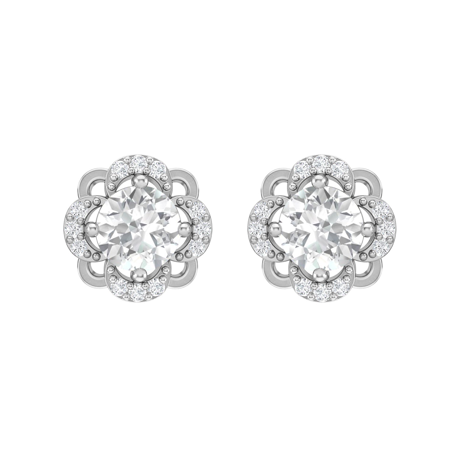 Moissanite Floral Halo Stud Design Earrings – Sterling Silver
