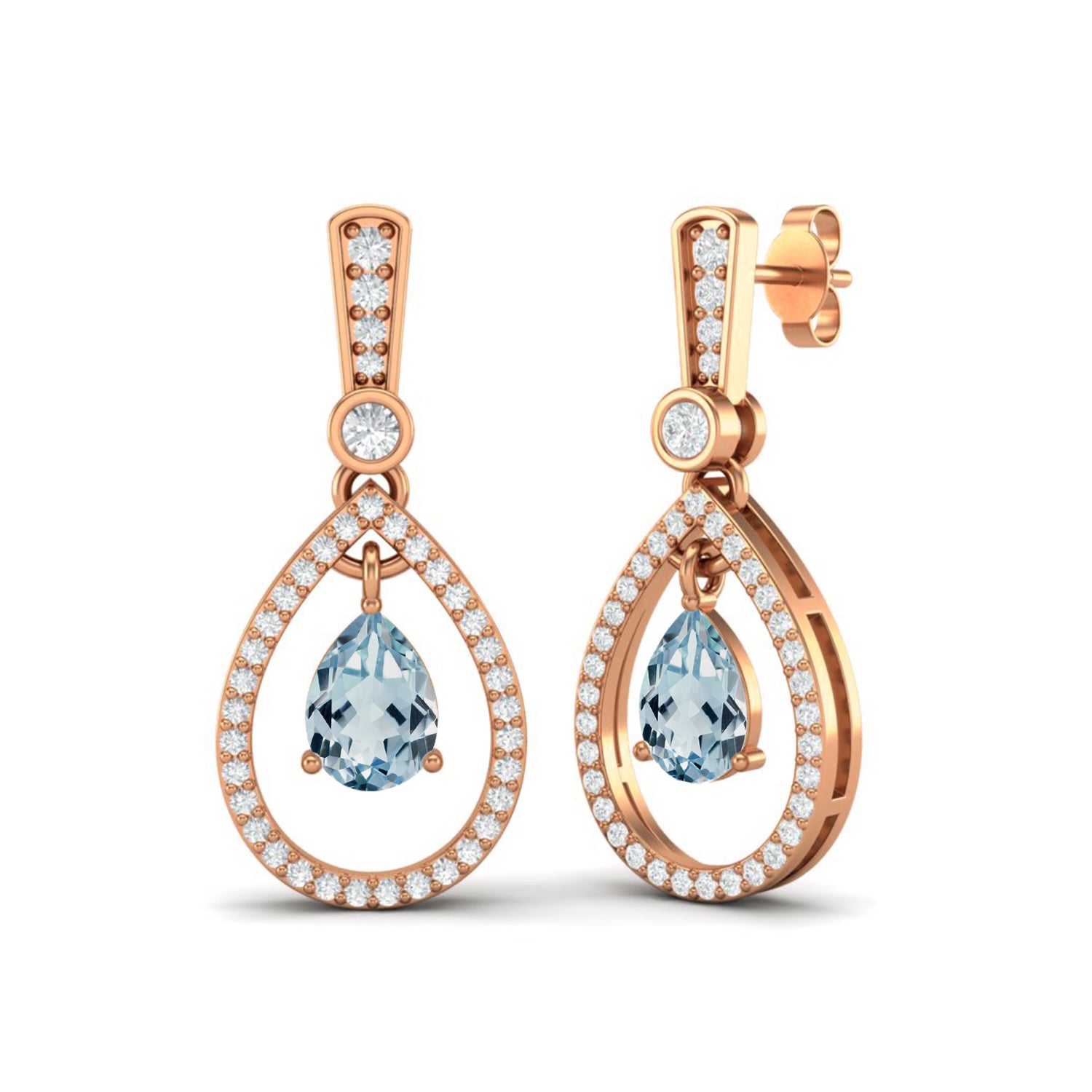 Aquamarine Halo Drop Dangle Earrings – Sterling Silver