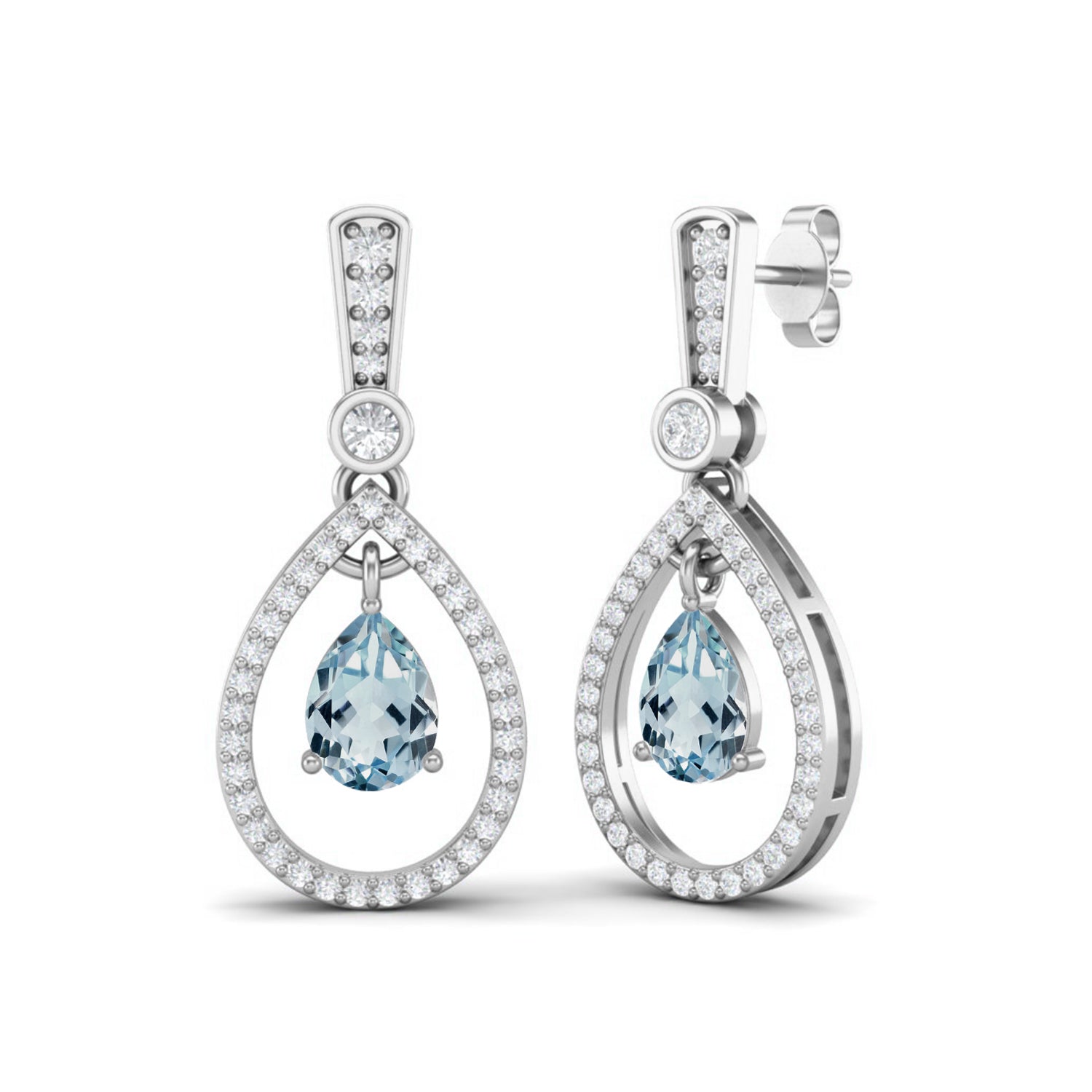 Aquamarine Halo Drop Dangle Earrings – Sterling Silver