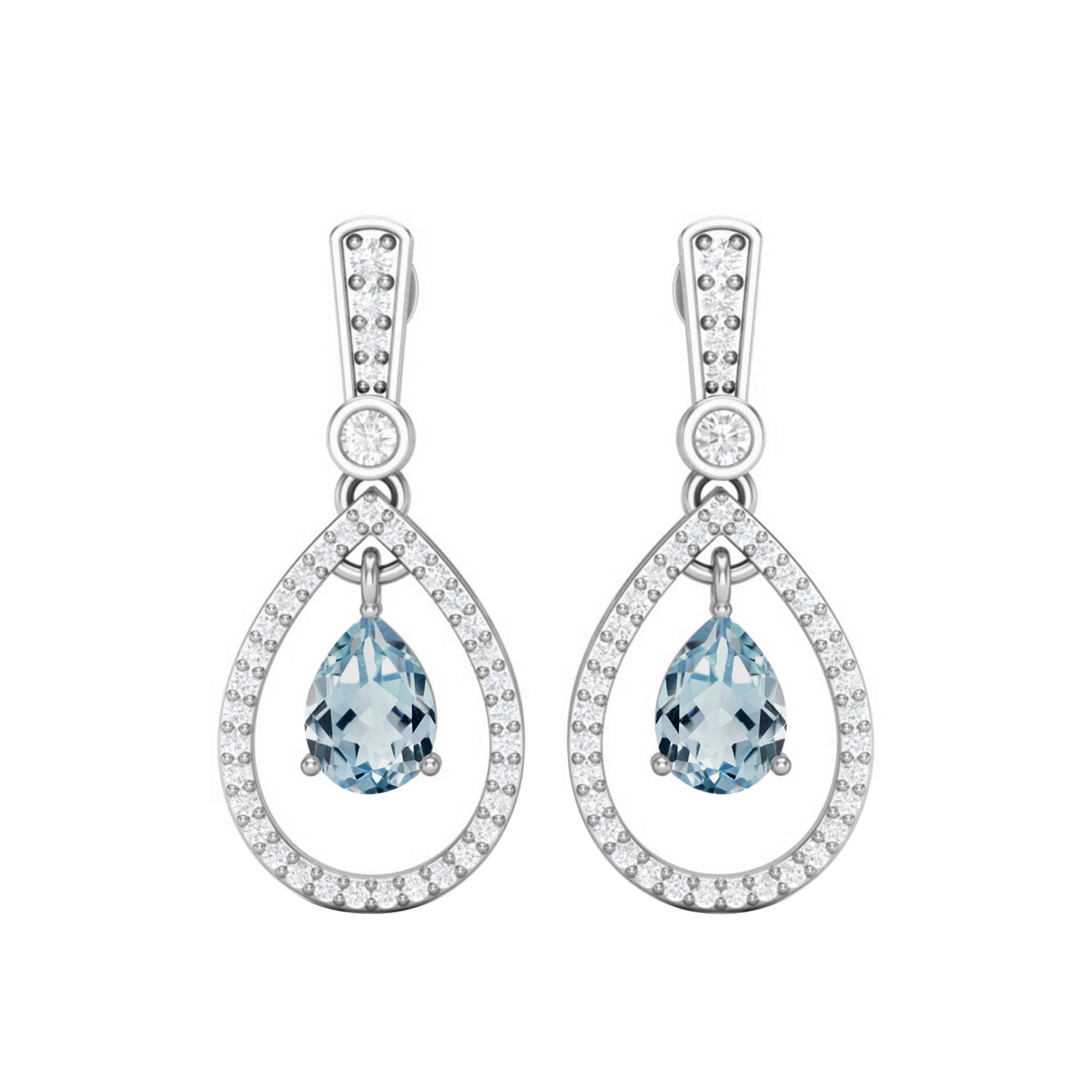 Aquamarine Halo Drop Dangle Earrings – Sterling Silver
