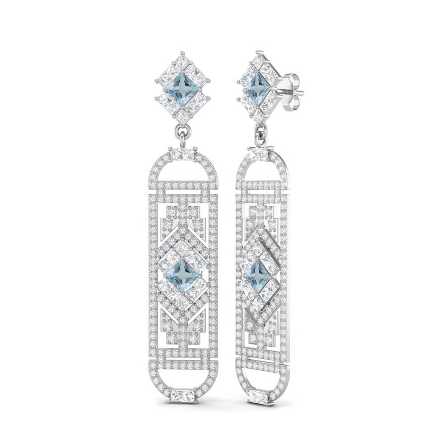 Aquamarine Art Deco Geometric Drop Earrings – Sterling Silver