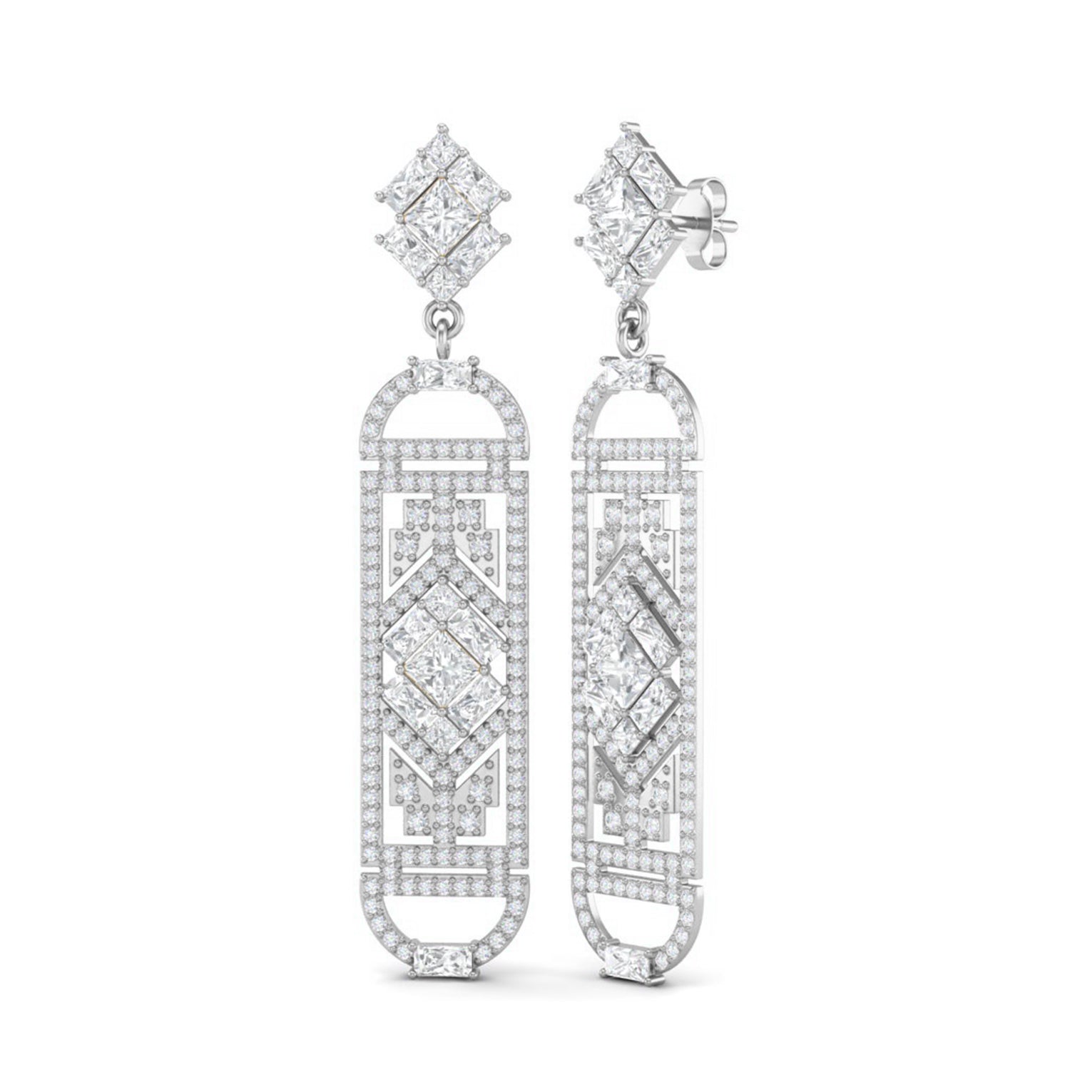 Moissanite Art Deco Geometric Drop Earrings – Sterling Silver