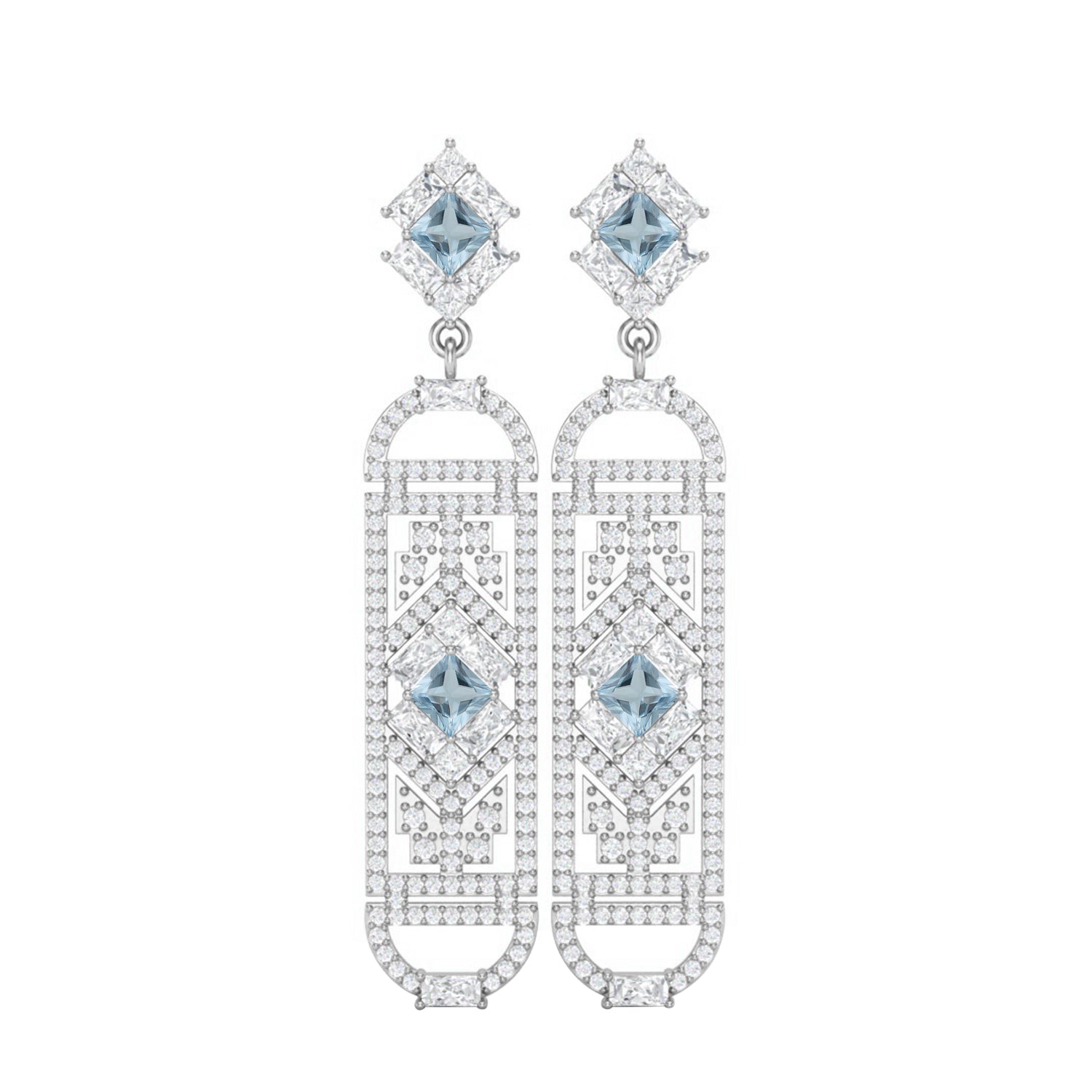 Aquamarine Art Deco Geometric Drop Earrings – Sterling Silver