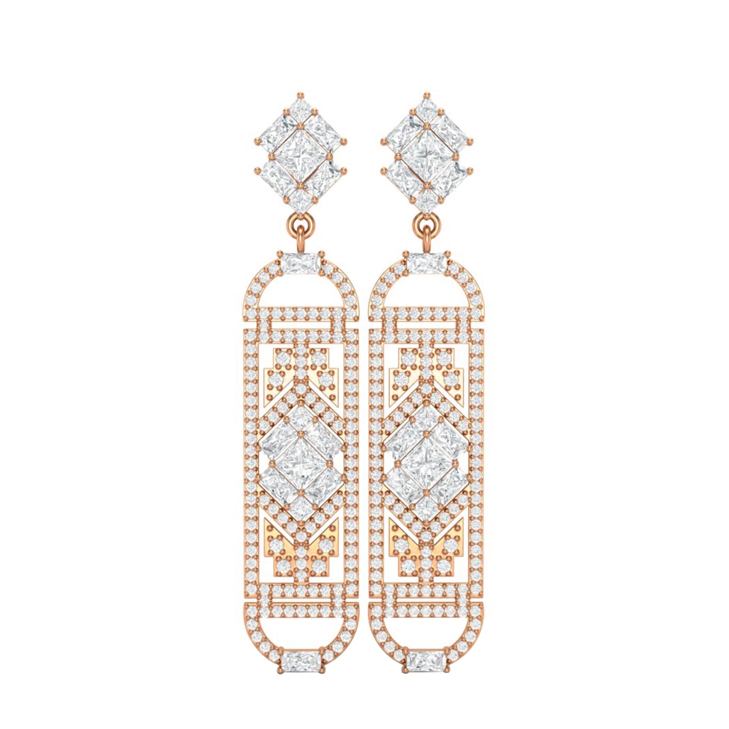 Moissanite Art Deco Geometric Drop Earrings – Sterling Silver