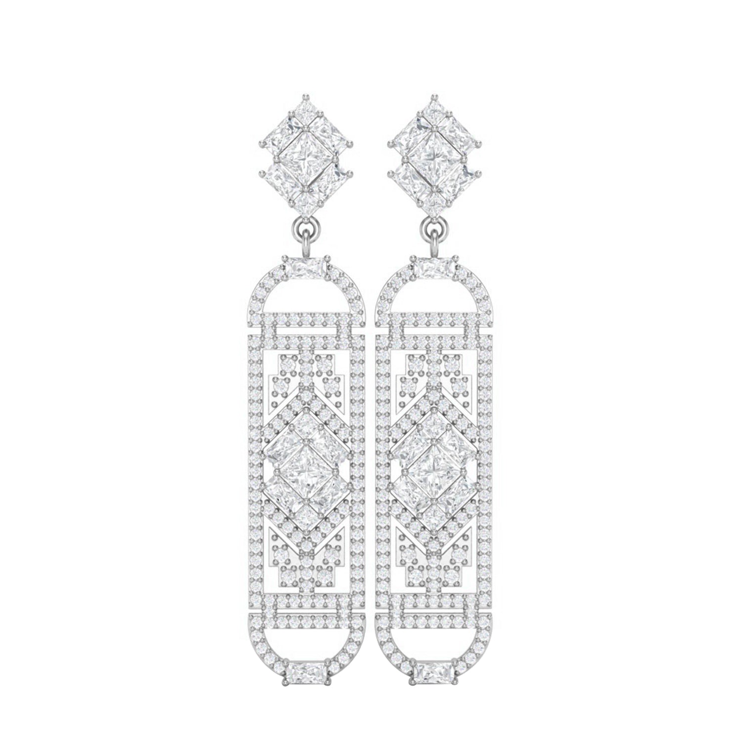 Moissanite Art Deco Geometric Drop Earrings – Sterling Silver