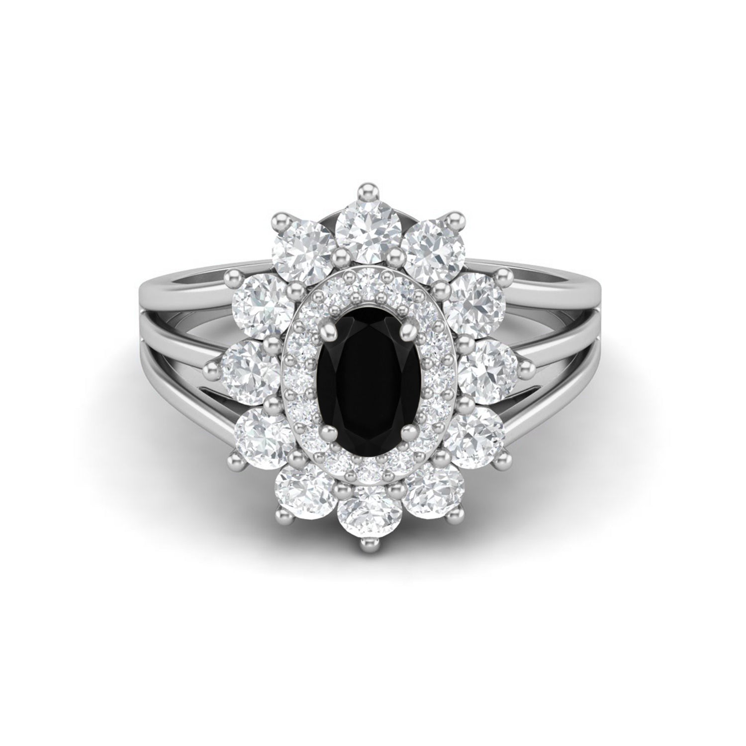 Black Spinel Floral Halo Ring - Sterling Silver